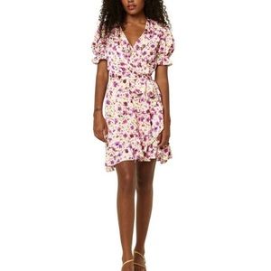 MISA Los Angeles Floral Wrap Silky Ruffle Dainty Mini Dress Pink Fuchsia SM NWT